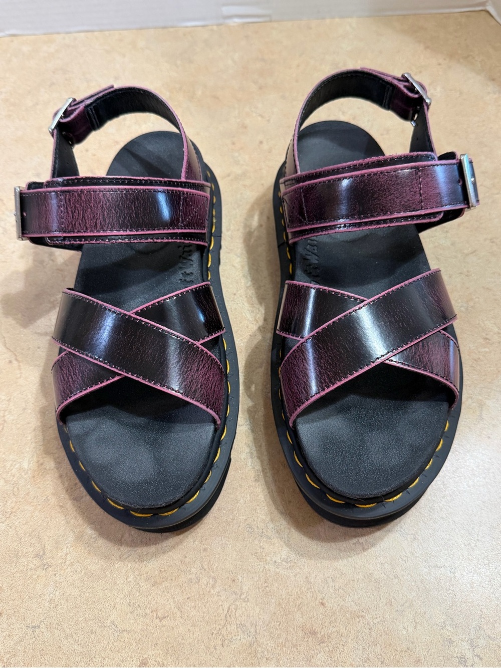Dr. Martens Athena Leather Plum Multi‑Strap Sandals with Black Lug Sole